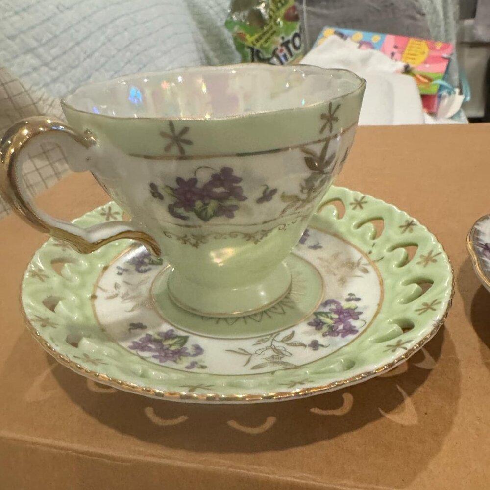 Vintage Iridescent Teacup and Saucer with Floral and Gold Design